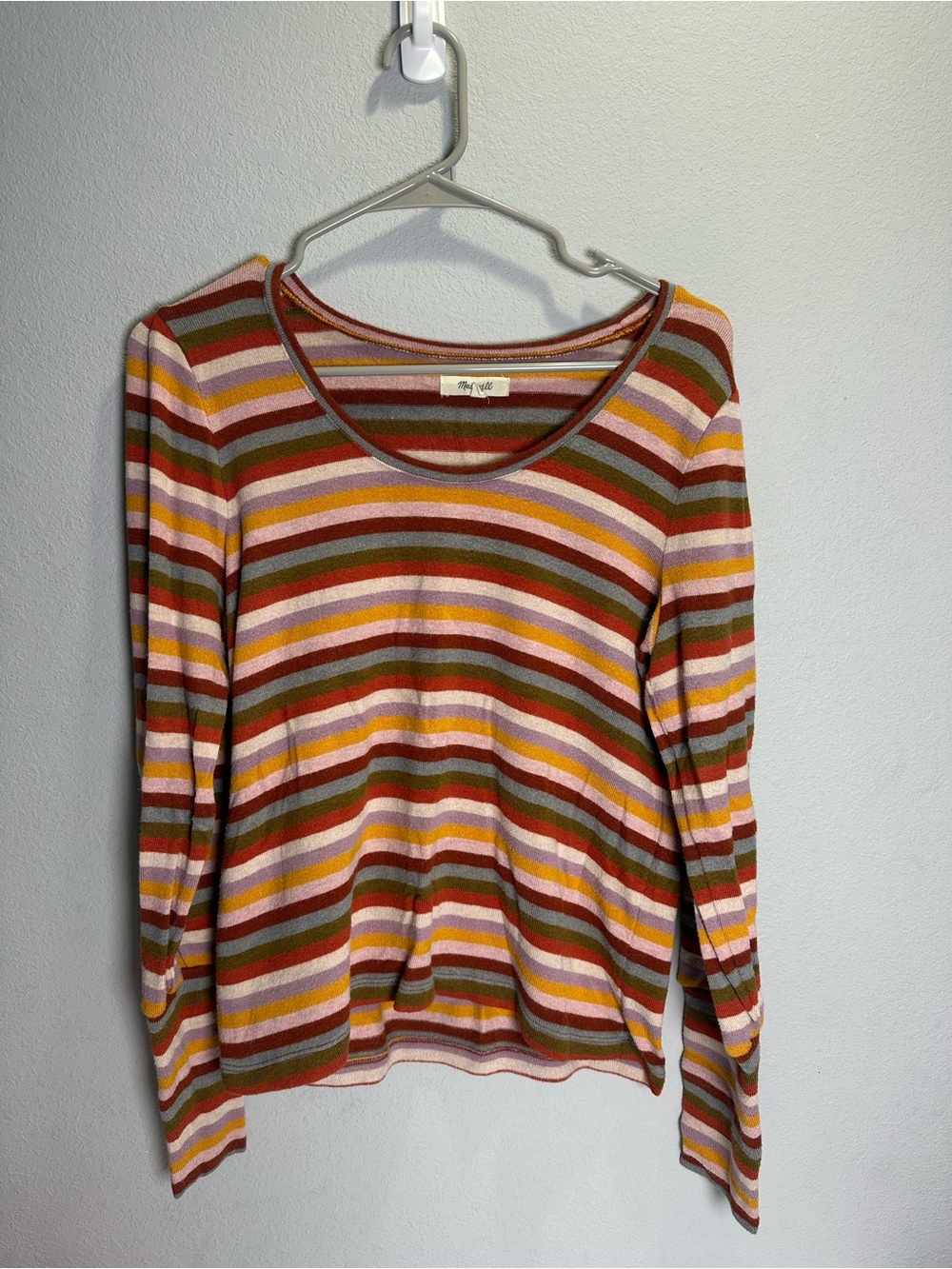 Madewell Striped Scoop-Neck Long Sleeve Top in Pink, Orange, Green, Brown, Cream